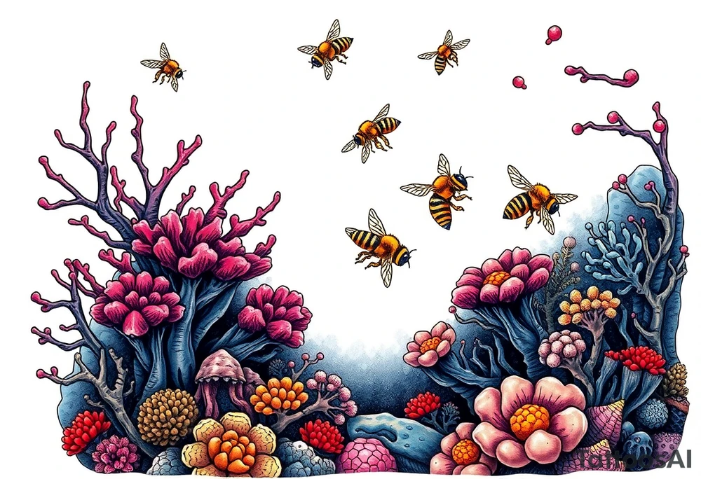 Coral reef scene with honey bees swimming tattoo idea
