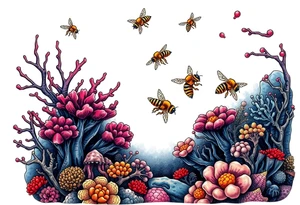 Coral reef scene with honey bees swimming tattoo idea