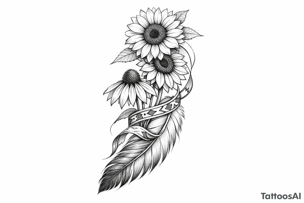 2 cascading sunflowers and a coneflower wrapped in simple Native American ribbon on top of a feather tattoo idea