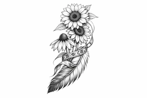 2 cascading sunflowers and a coneflower wrapped in simple Native American ribbon on top of a feather tattoo idea