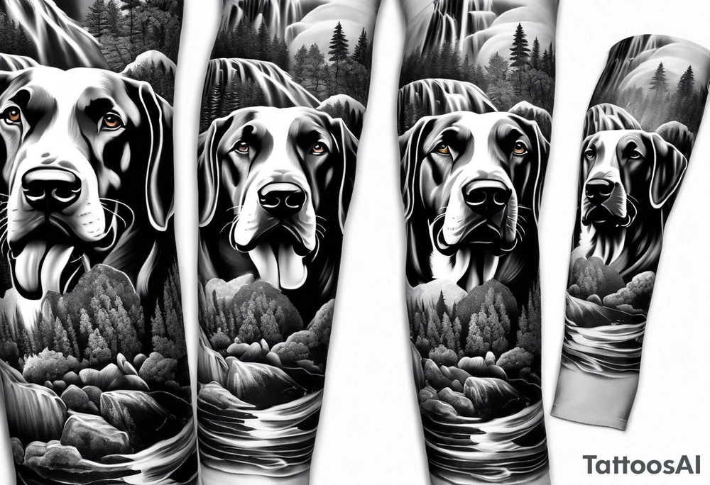 Arm sleeve-  with four Great Danes in front of waterfall tattoo idea