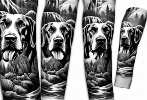 Arm sleeve-  with four Great Danes in front of waterfall tattoo idea