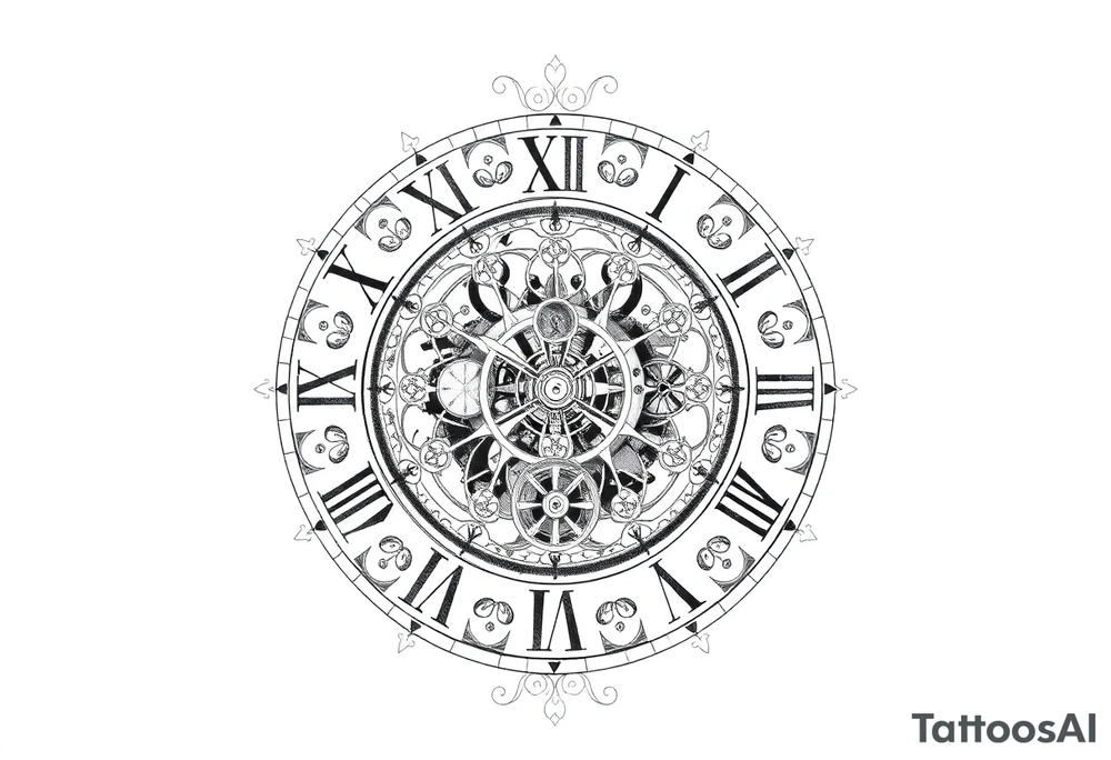 vintage roman numerals within ornate clockwork mechanism tattoo idea