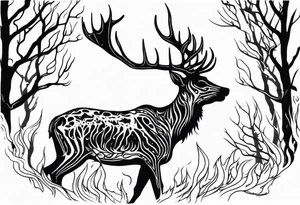 side profile of a rotting deer skeleton JUST BONE surrounded by a flames and trees tattoo idea