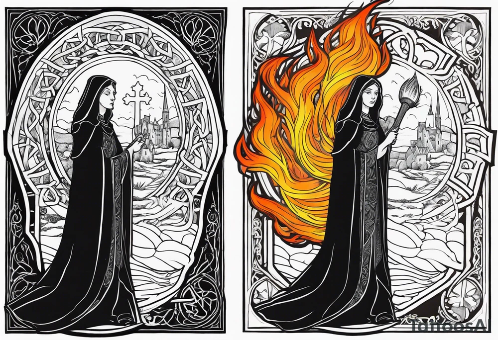 A full back piece themed on the surname mcbride and the irish saint brigid. It should take inspiration from artwork of saint brigid holding fire in her hands. It should have the text Vincit Pericula Virtus on it tattoo idea