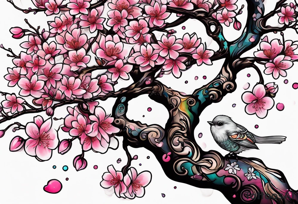 "Life Goes On" pink cherry blossoms with lots of color tattoo idea