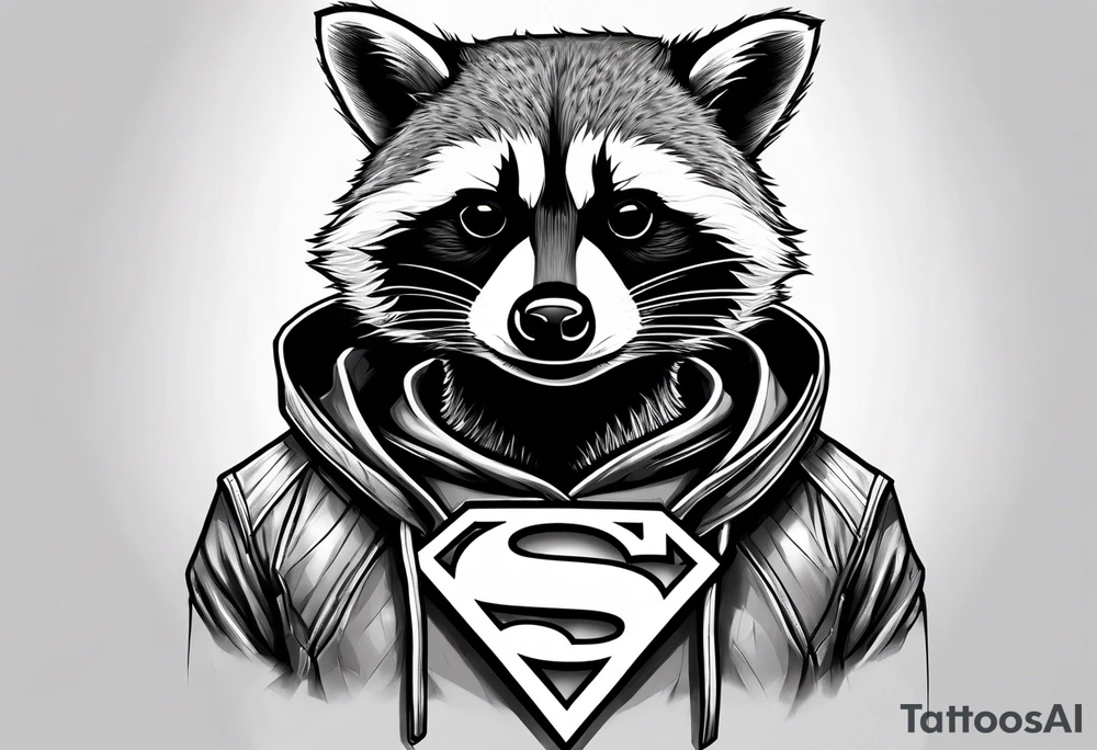 raccoon wearing a Superman hoodie tattoo idea