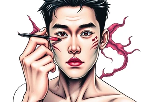 Handsome Asian young guy is putting fighting  make up on protecting from evil tattoo idea