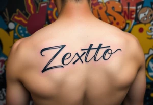 A bright colored graffiti style background with the name Zexto in script tattoo idea