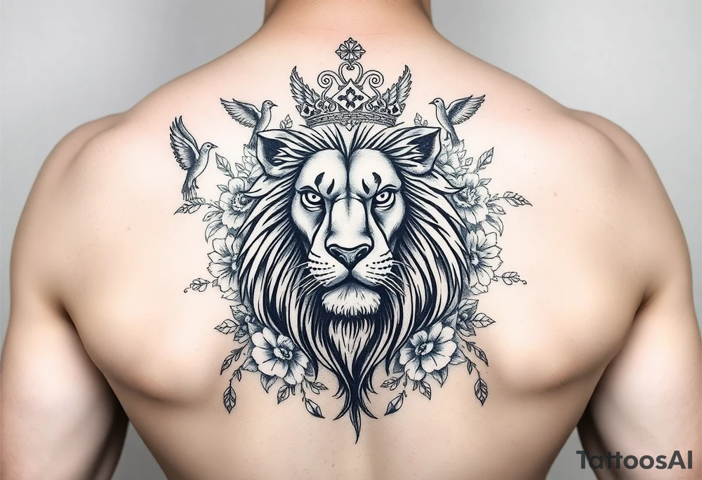 powerful majestic lion with a crown, surrounded by floral ornaments and birds tattoo idea
