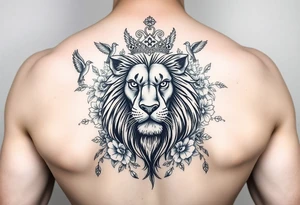powerful majestic lion with a crown, surrounded by floral ornaments and birds tattoo idea