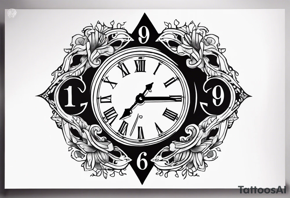 a tattoo mixing a clock integrated with an hourglass an hourglass in black and white where the year 1979 appears on the amount of the hourglass. for the shoulder and forearm tattoo idea