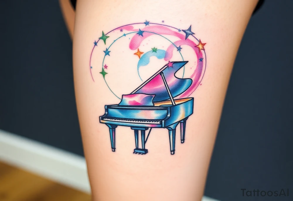 a grand piano under a swirl of stars tattoo idea