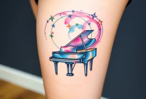 a grand piano under a swirl of stars tattoo idea