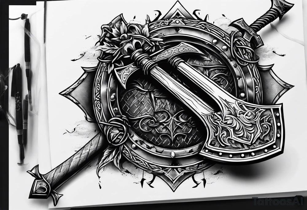 Valhalla sword shield axe barbed wire tattoo idea
