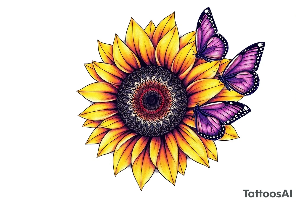 Sunflower with purple butterflies on side tattoo idea