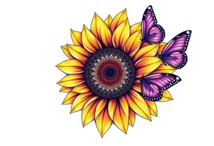 Sunflower with purple butterflies on side tattoo idea