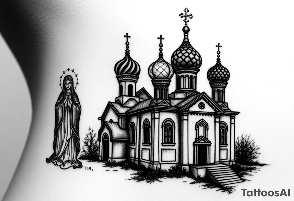medium sized Russian orthodox church with bulb domes with a prominent russian orthodox style virgin mary stood outside to the left tattoo idea