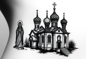medium sized Russian orthodox church with bulb domes with a prominent russian orthodox style virgin mary stood outside to the left tattoo idea