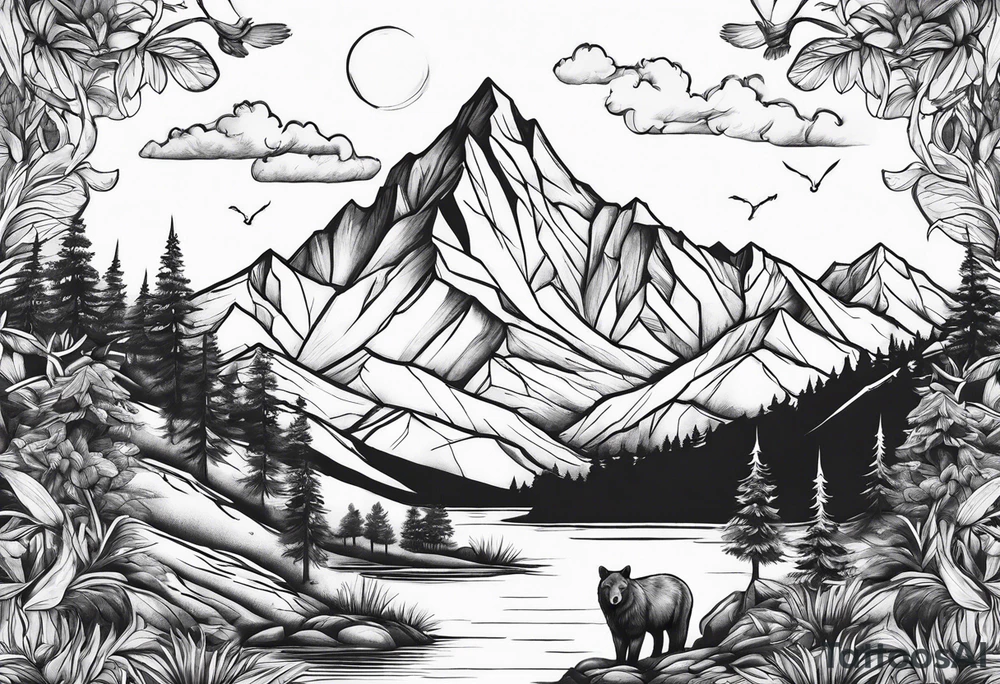 Mountains, animals, concept tattoo idea