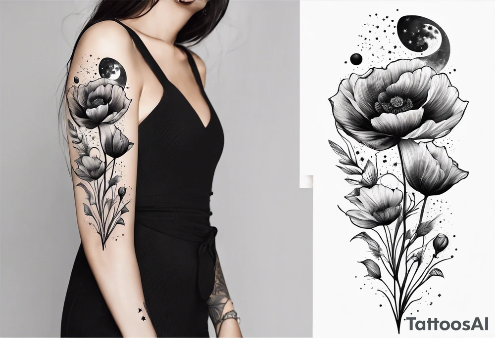 fine line vertical spine tattoo with stars, moon, clouds, poppy dainty very simple, outline, no shading tattoo idea