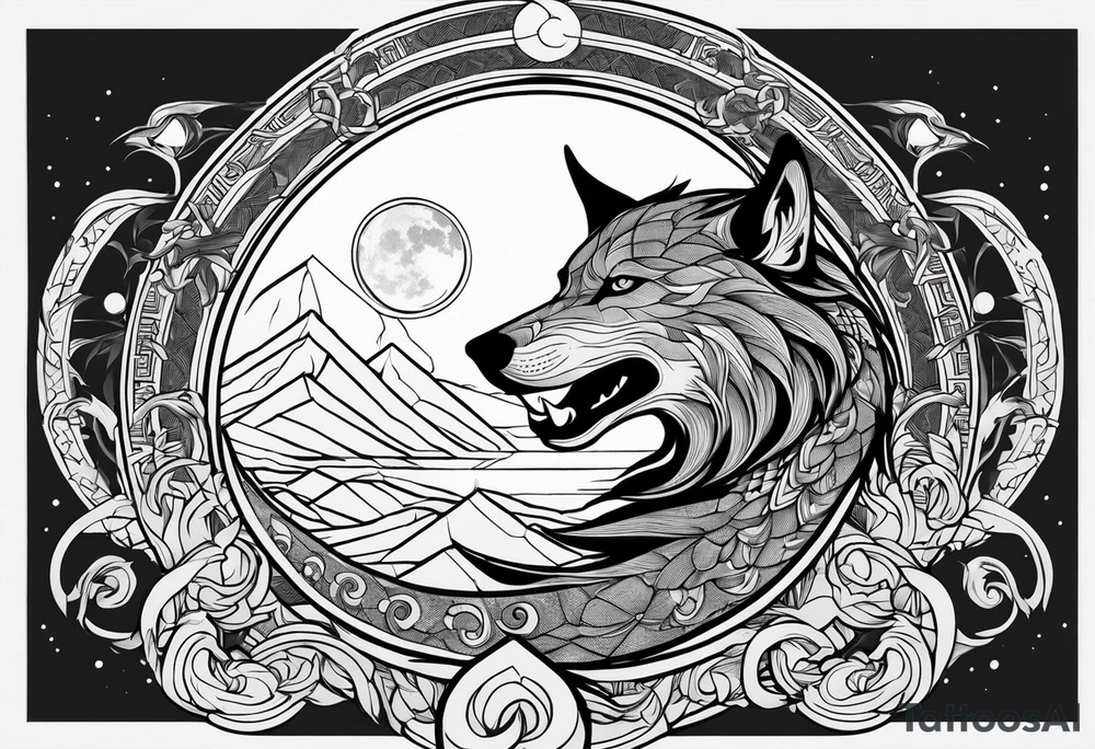 yang yang wolf chasing the moon and sun with Jörmungandr wrapped around it tattoo tattoo idea