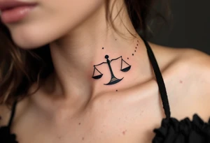 The Libra symbol in bold black anchors a silver-ink star path that arcs along the collarbone. tattoo idea