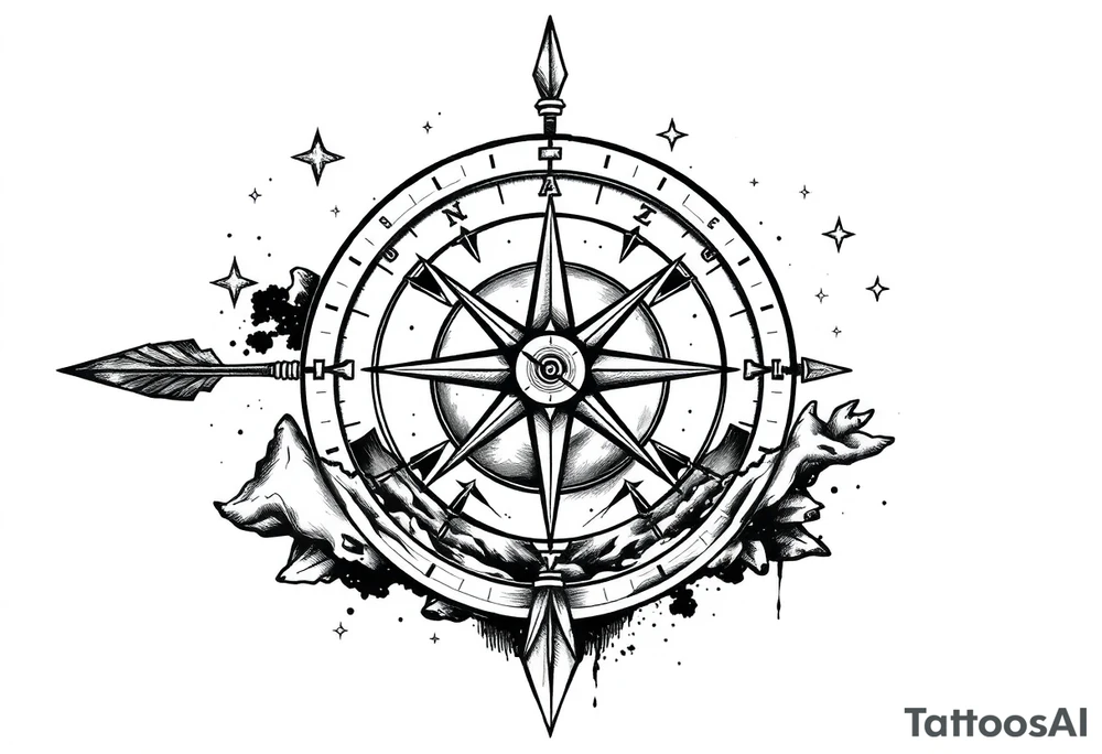 a compass,stars,landscape,an arrow. tattoo idea