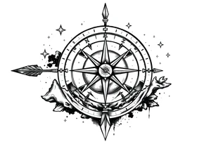 a compass,stars,landscape,an arrow. tattoo idea