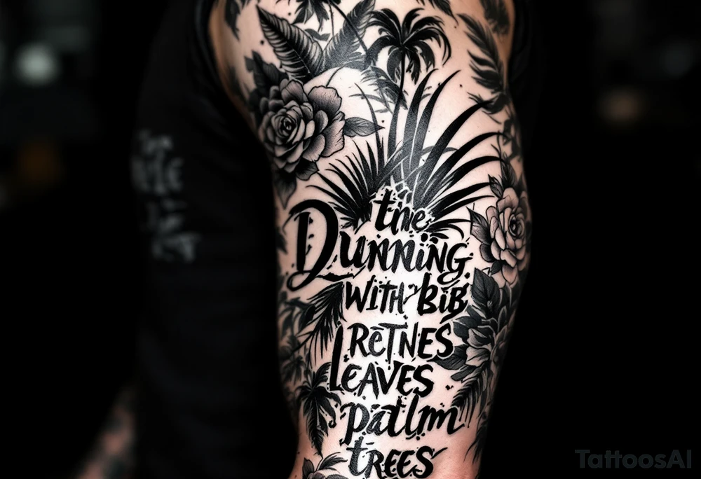 Dunning, with big jungle leaves, roses,palm trees, 90s bold font in cursive tattoo idea