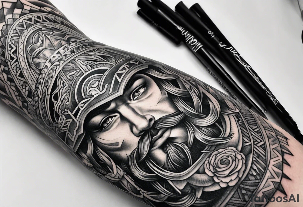 norse inspired arm sleeve tattoo idea