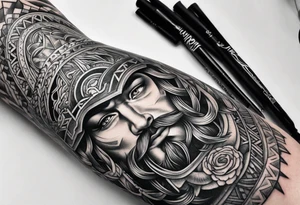 norse inspired arm sleeve tattoo idea