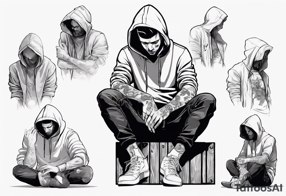 A guy in a hoodie sitting on a wooden box, looking down. tattoo idea
