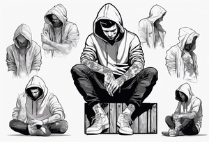 A guy in a hoodie sitting on a wooden box, looking down. tattoo idea