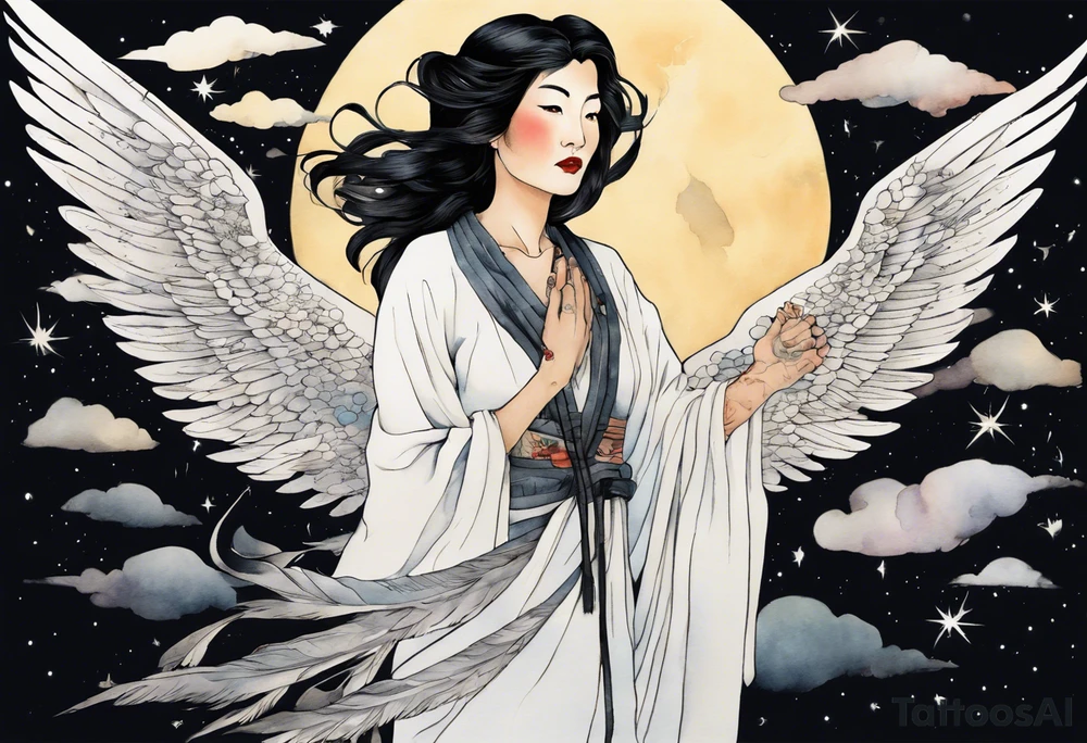 a beautiful 55 year old Dakota woman wearing a white tunic, flying in the night sky with black wings, tattoo idea