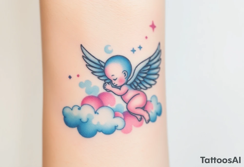 Winged baby, blue and pink watercolor, clouds tattoo idea