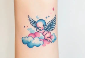 Winged baby, blue and pink watercolor, clouds tattoo idea