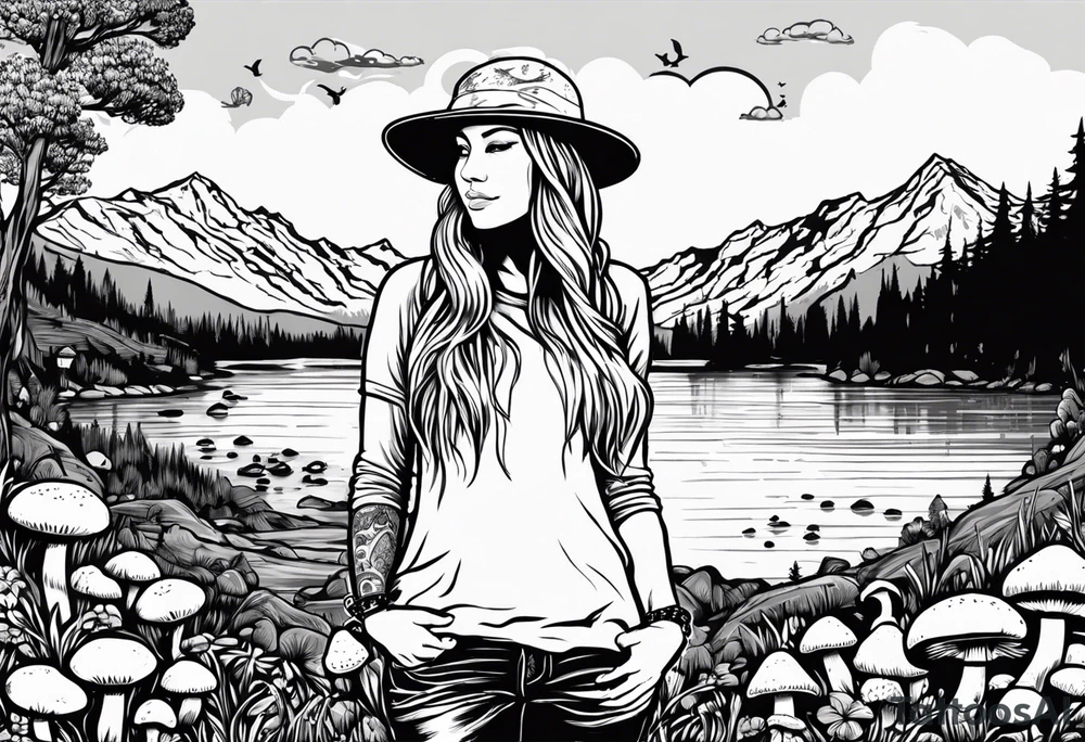 Whole picture encircled fully

Straight long blonde hair hippie girl in distance holding mushrooms in hand facing away toward mountains and creek surrounded by mushrooms long sleeve shirt and hiking pants; whole rendering within a full circle, no cut off circle tattoo idea