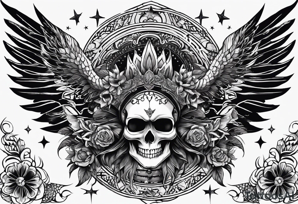 black kali, goddess pirate, alien, pachamama, valkrye, warrior, skull, lotus azul, wing, eagle, zenza resonance, stars, 5D tattoo idea