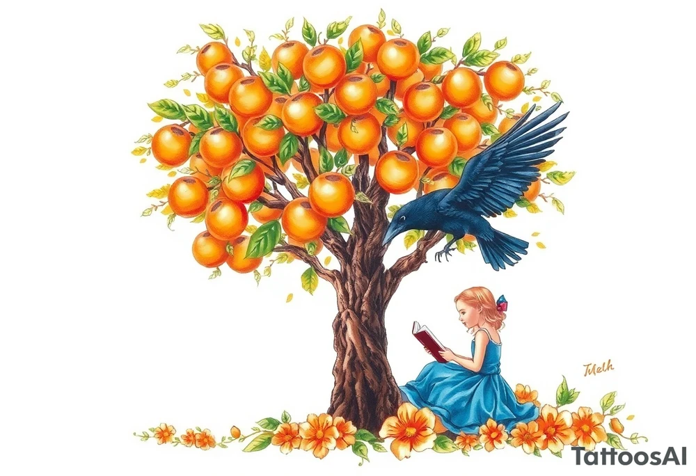 An orange tree, a little girl wearing a blue dress sitting under it while reading. A raven watching her. Flowers around.


. tattoo idea