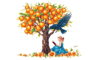 An orange tree, a little girl wearing a blue dress sitting under it while reading. A raven watching her. Flowers around.


. tattoo idea