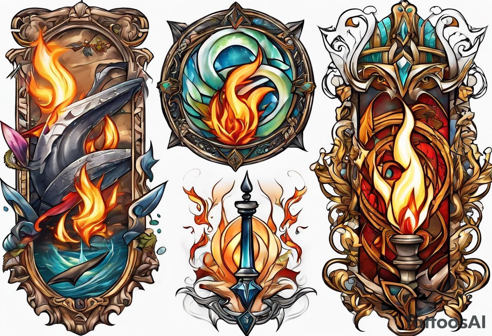 All 4 elements surrounding a broken sword tattoo idea