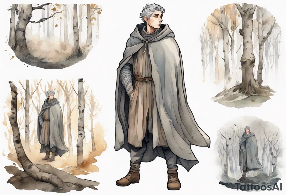 a solitary medieval Tan France wearing a grey cloak standing in a birch forest tattoo idea