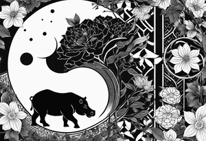 Very asymmetrical, +geometric pattern, with realistic full moon, with seeious looking hippo, +zen feel, + Buddhism touch,
with wintersweet flower bud, +portrait orientation, +inkart touch, tattoo idea