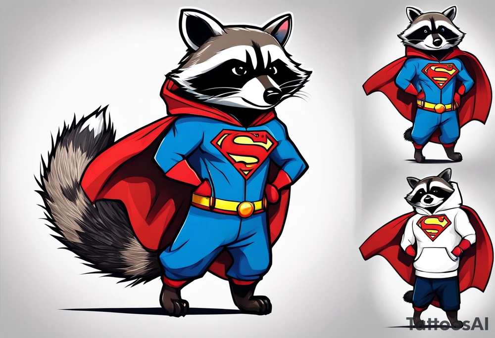 Raccoon wearing a Superman hoodie tattoo idea