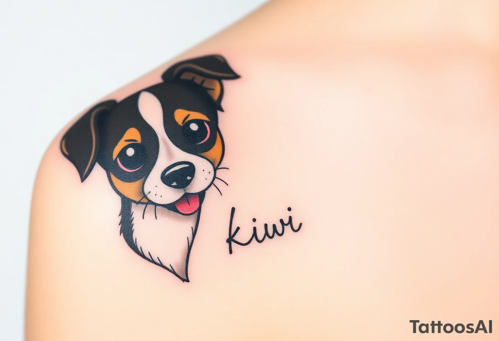 One line tattoo of female dog with white strip going up dog’s snout slightly off centered. With  the dogs tongue slightly out and the name kiwi and an Aquarius them to it . Just the colors black  white brown and green tattoo idea