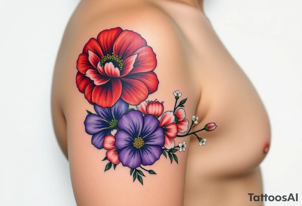 Upper left arm, wrapping slightly from the shoulder to the mid-upper arm, ending at the natural mid-arm curve.

Top center: Large red carnation
Left side: Purple pansy above a blue cosmos flower
Right side: Pink cosmos above a red cosmos
White flowers:
3 between the purple and blue flowers
2 below the pink/red flowers
3 on the branch extending from the right side of the carnation
2 on a branch connecting from the right side of the carnation to the top of the purple pansy
(bouquet)
Neo-Traditional with Realism influence
Bold, clean black outlines
Flat, rich color gradients
Realistic flower detailing: natural petal texture, realistic shading, and depth
Flowing, realistic green branches and leaves
Fine black dots and small line accents
Small gold star next to the top red carnation

 brown skin tone tattoo idea