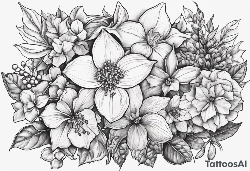 Hydrangea, Narcissus, Poinsettia, Holly, Gladiolus, Poppy, Daisy, Sweet Pea floral tattoo idea