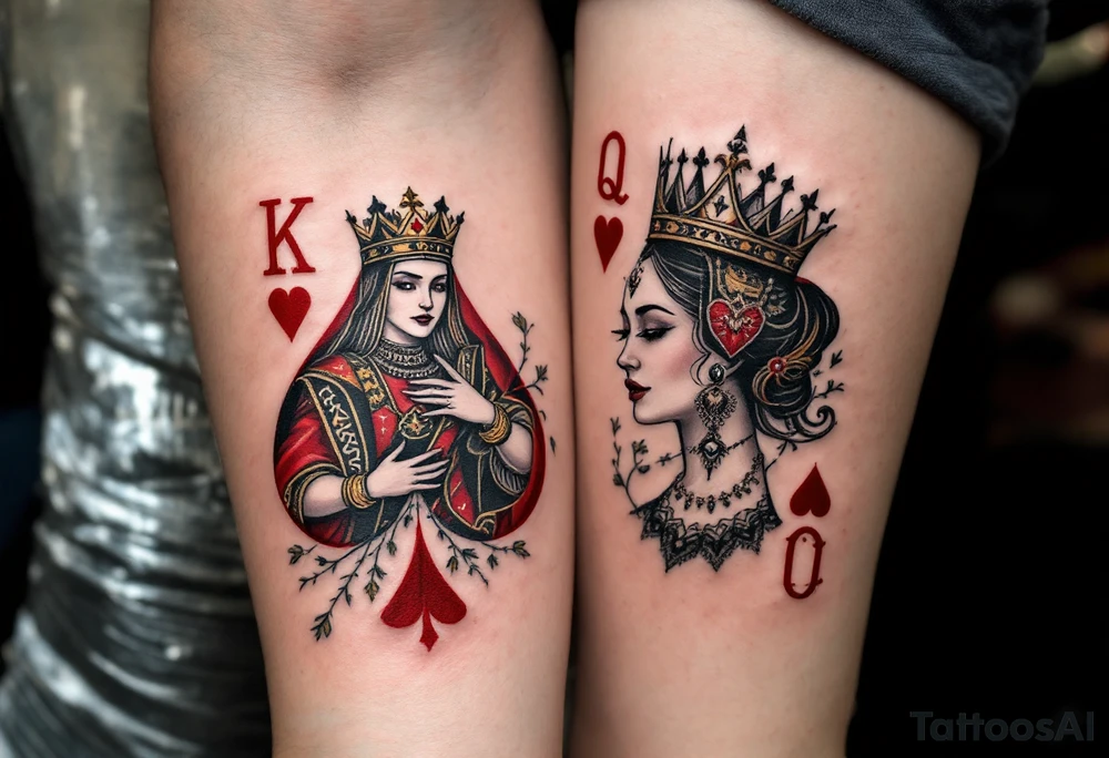 Two playing card symbols—King of Spades and Queen of Hearts—done in black, red, and subtle shading. tattoo idea