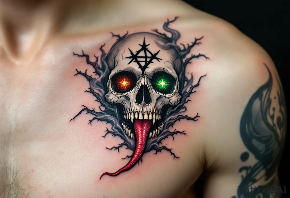 A detailed skull with the Dark Mark etched across its forehead, with a serpent's tongue flicking from its mouth. Surrounding the skull are thorny vines and creeping smoke. Black for the skull, green and red for the serpent’s tongue, and deep purple and grey for the vines and smoke. tattoo idea